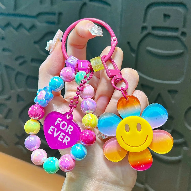 Colorful Sweet Flower KeyChains Beaded Chains Keyring Acrylic Flowers Key Accessories For Cellphone, Bag Hanging Pendent Charms