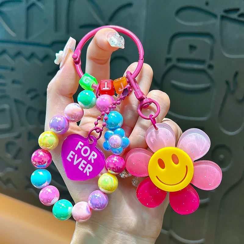 Colorful Sweet Flower KeyChains Beaded Chains Keyring Acrylic Flowers Key Accessories For Cellphone, Bag Hanging Pendent Charms
