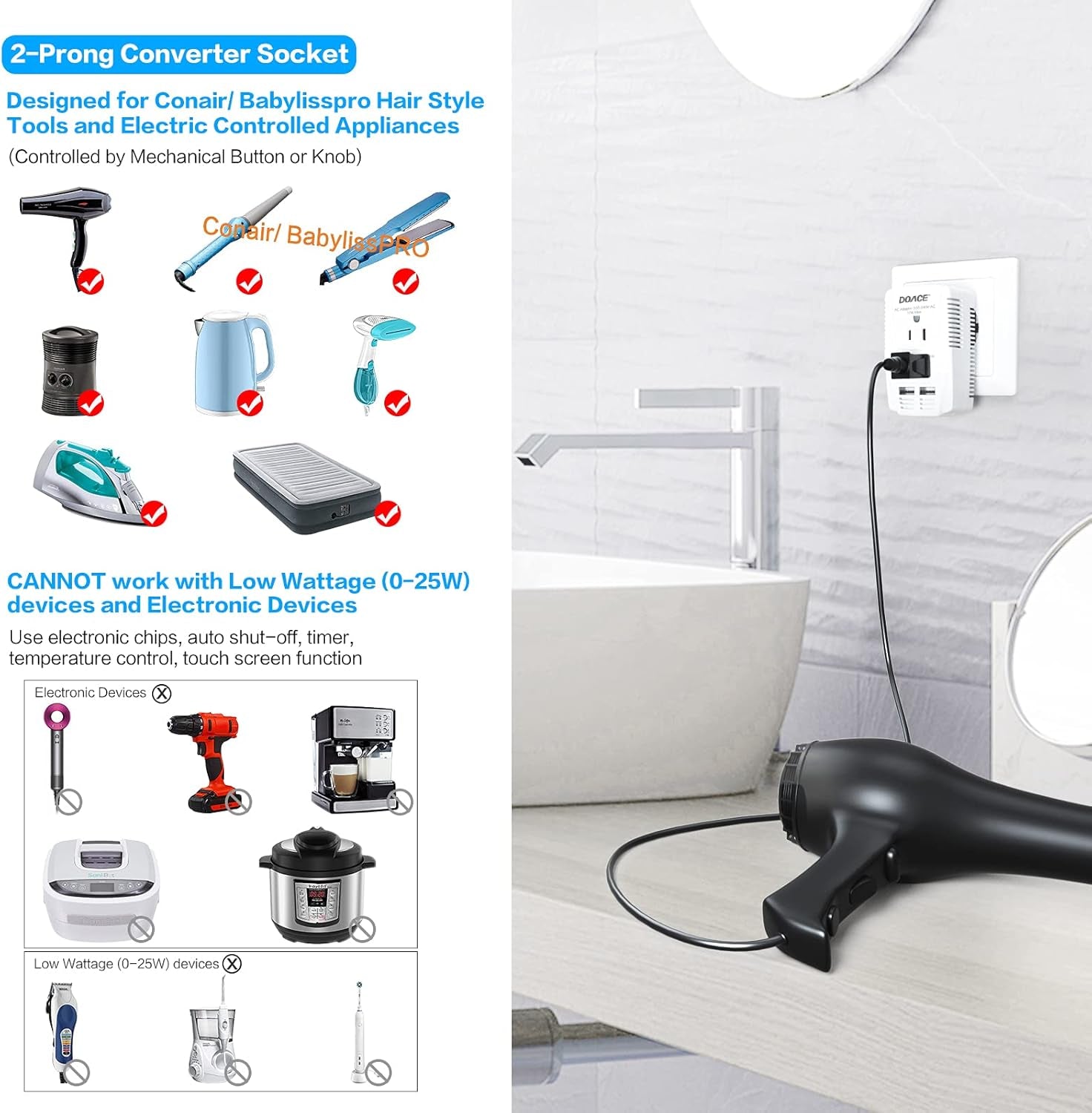 220V to 110V Converter,  2000W Travel Voltage Converter for Hair Dryer Straightener Curling Iron, 10A Power Adapter with 2 USB and EU/UK/AU/US Plugs for Charging Laptop Tablet Camera Cell Phone