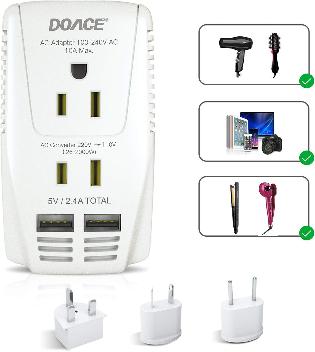 220V to 110V Converter,  2000W Travel Voltage Converter for Hair Dryer Straightener Curling Iron, 10A Power Adapter with 2 USB and EU/UK/AU/US Plugs for Charging Laptop Tablet Camera Cell Phone