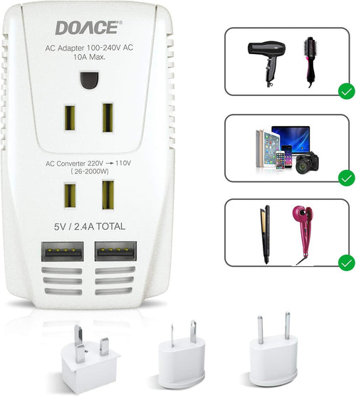 220V to 110V Converter,  2000W Travel Voltage Converter for Hair Dryer Straightener Curling Iron, 10A Power Adapter with 2 USB and EU/UK/AU/US Plugs for Charging Laptop Tablet Camera Cell Phone