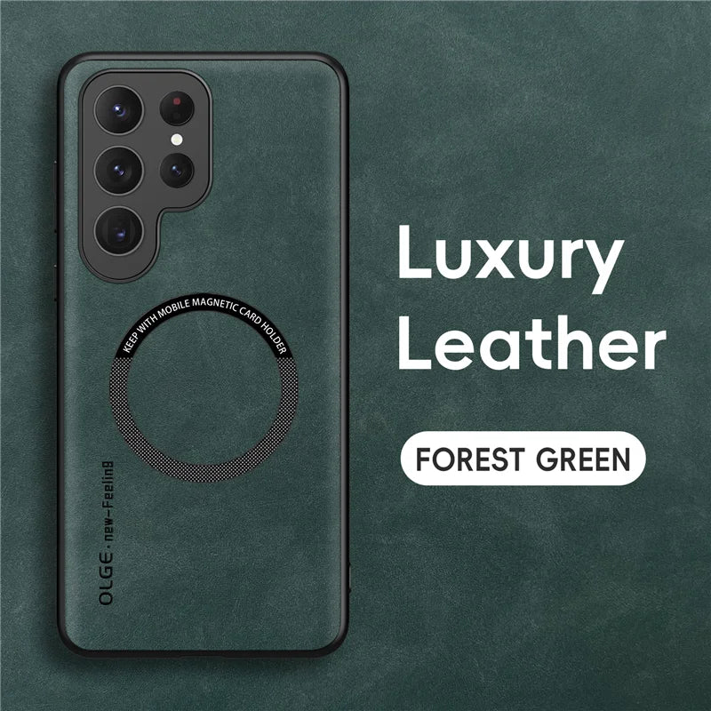 Luxury Leather Magnetic Phone Case For Samsung S25 Ultra S24 Plus S23 S22 S21 S20 FE S26 Ultra For Magsefa Wireless Charge Cover