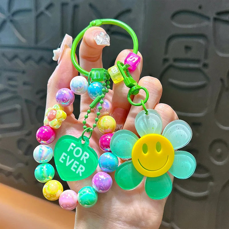 Colorful Sweet Flower KeyChains Beaded Chains Keyring Acrylic Flowers Key Accessories For Cellphone, Bag Hanging Pendent Charms