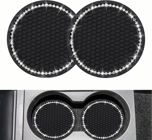 2PCS Bling Car Cup Coaster, Universal Vehicle Bling Holder Insert,2.75 Inch Rhinestone anti Slip Silicone Insert,Suitable for Most Car Interior,Best Gift Car Bling for Women, Black, 2 Pack