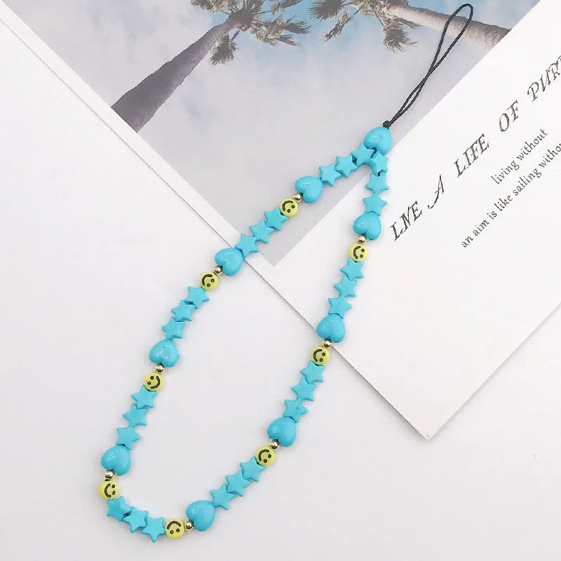 2023 Pink Acrylic Heart Cellphone Chain Lanyard Jewelry for Women Vintage Devil Eye Flower Charm Phone Case Strap Accessories