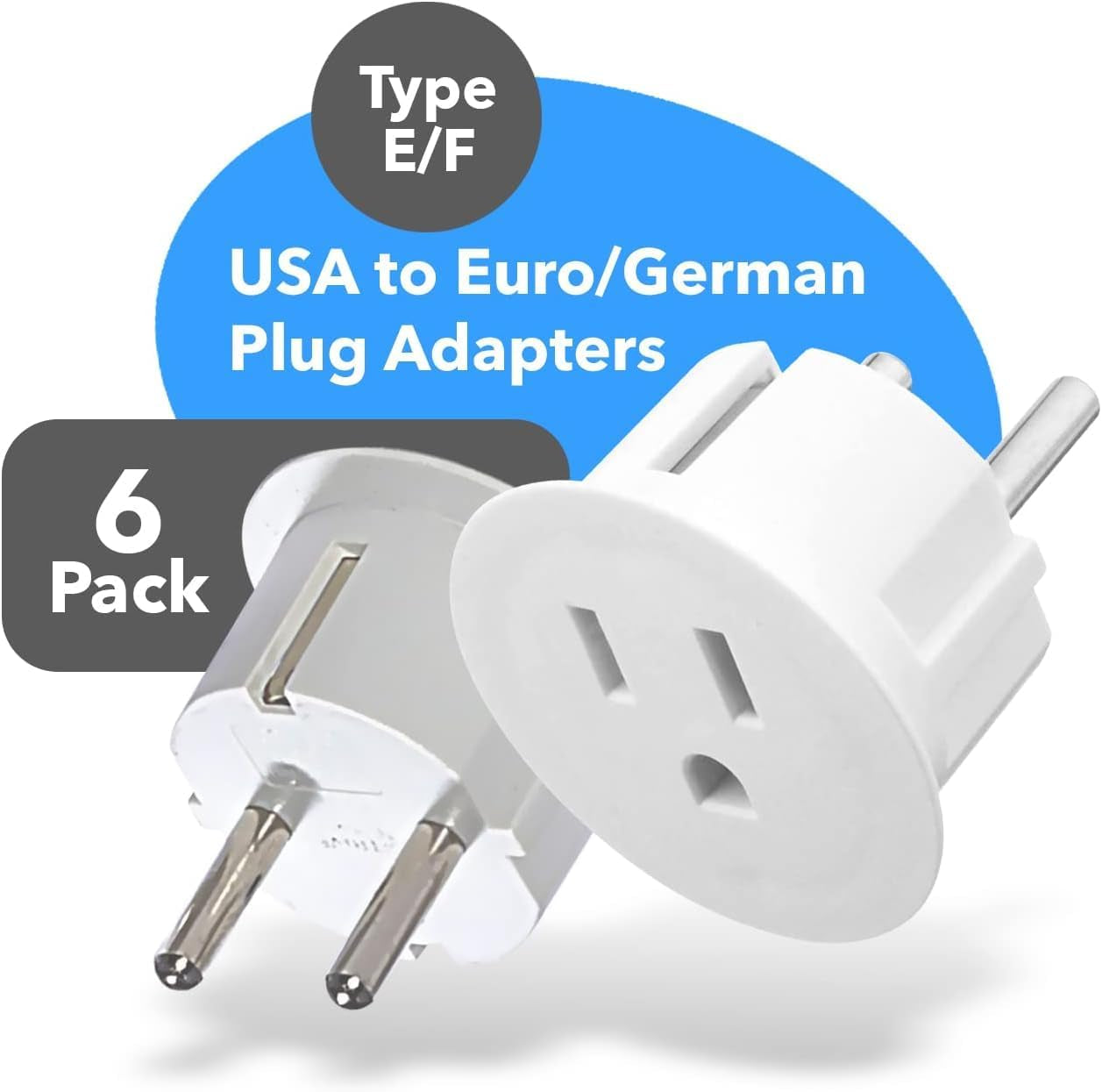 American USA to European Plug Adapter – Type E/F Schuko Plug Adapter - Use in Germany, France, & More - CE Certified – for Mobile, Laptop & Camera Chargers - 6 Pack