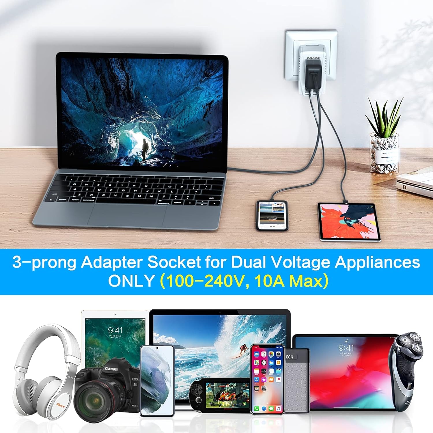 220V to 110V Converter,  2000W Travel Voltage Converter for Hair Dryer Straightener Curling Iron, 10A Power Adapter with 2 USB and EU/UK/AU/US Plugs for Charging Laptop Tablet Camera Cell Phone