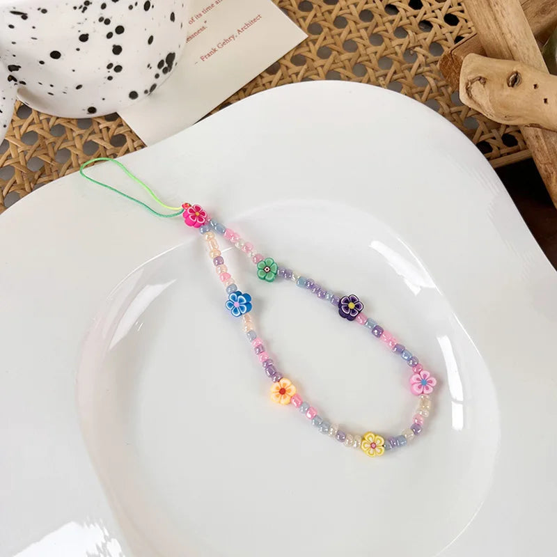 2023 Pink Acrylic Heart Cellphone Chain Lanyard Jewelry for Women Vintage Devil Eye Flower Charm Phone Case Strap Accessories