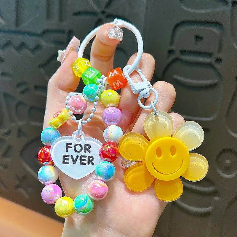 Colorful Sweet Flower KeyChains Beaded Chains Keyring Acrylic Flowers Key Accessories For Cellphone, Bag Hanging Pendent Charms