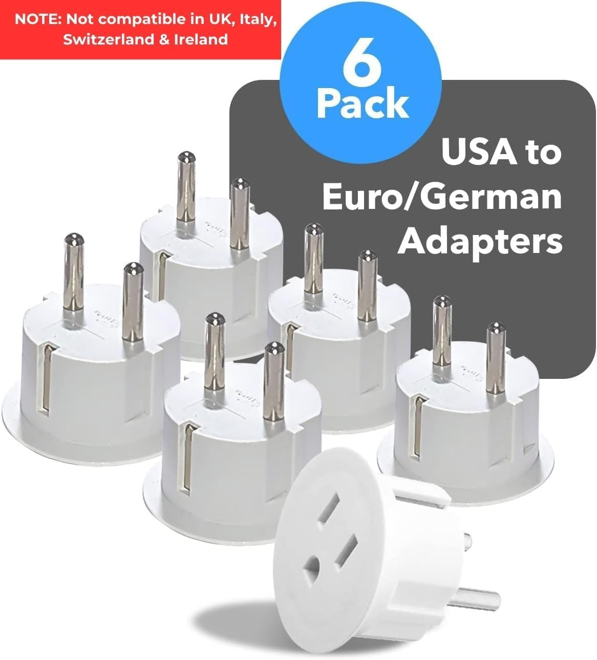 American USA to European Plug Adapter – Type E/F Schuko Plug Adapter - Use in Germany, France, & More - CE Certified – for Mobile, Laptop & Camera Chargers - 6 Pack