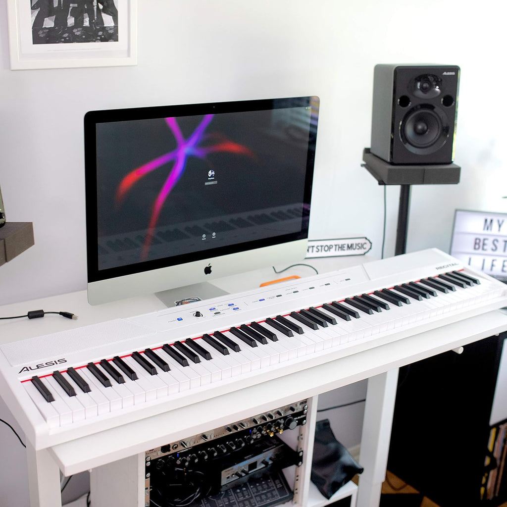 Recital White - 88 Key Digital Piano Keyboard with Semi-Weighted Keys, 2X20W Speakers, 5 Voices, Split, Layer and Lesson Mode, FX and Piano Lessons