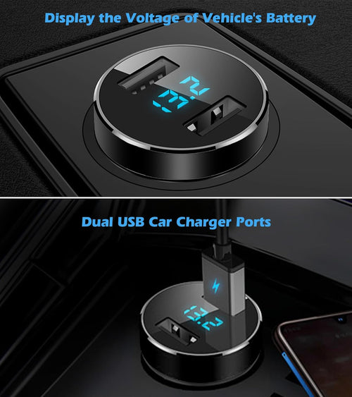2 USB Car Charger,12V/24V Voltage Meter, Output 4.8A, Cigarette Lighter Plug Adapter Compatible with Iphone,Ipad, Samsung, USB Charging Devices, Black