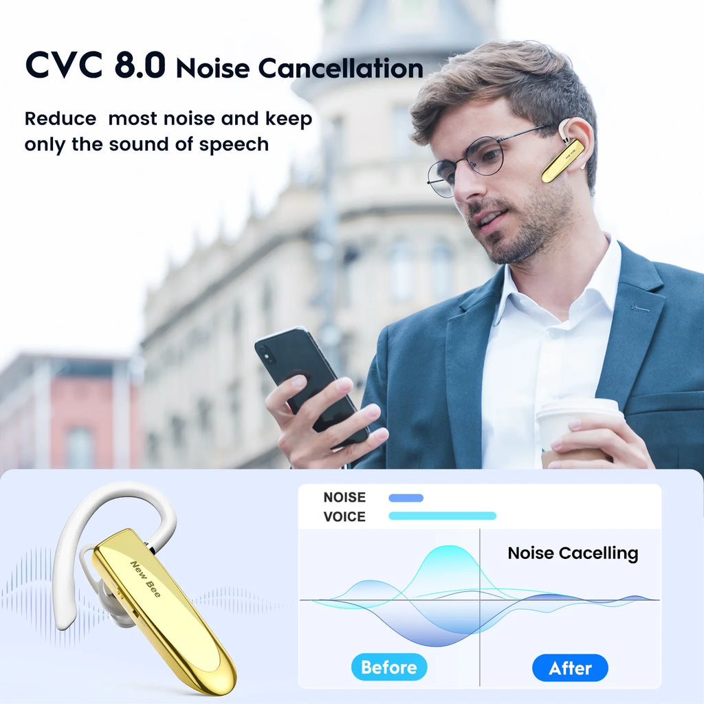 2PC Bluetooth Headphones V5.0 Wireless (24H Talk Time/180D Standby) W/Mic, Dual Device Connectivity for Iphone/Android/Samsung/Laptop, Business Trucker Headsets,Gold