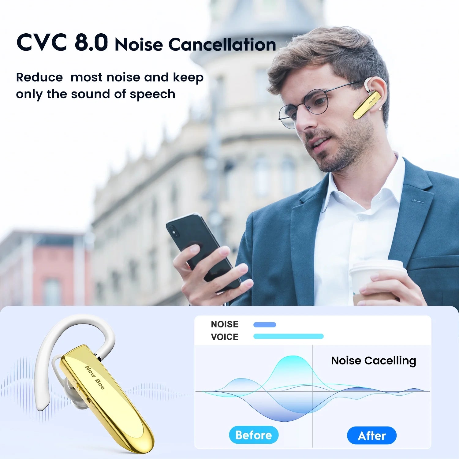 2PC Bluetooth Headphones V5.0 Wireless (24H Talk Time/180D Standby) W/Mic, Dual Device Connectivity for Iphone/Android/Samsung/Laptop, Business Trucker Headsets,Gold