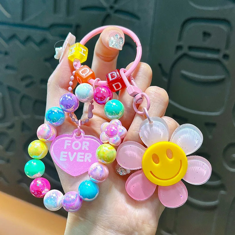 Colorful Sweet Flower KeyChains Beaded Chains Keyring Acrylic Flowers Key Accessories For Cellphone, Bag Hanging Pendent Charms