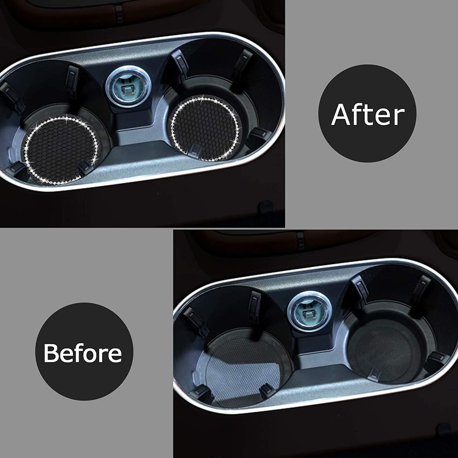 2PCS Bling Car Cup Coaster, Universal Vehicle Bling Holder Insert,2.75 Inch Rhinestone anti Slip Silicone Insert,Suitable for Most Car Interior,Best Gift Car Bling for Women, Black, 2 Pack