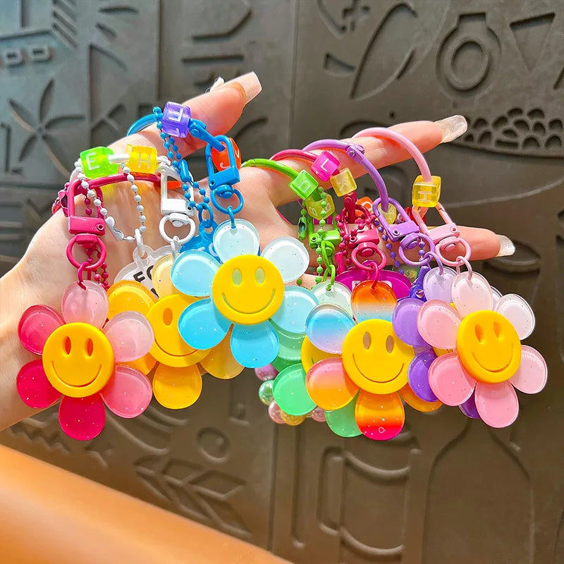 Colorful Sweet Flower KeyChains Beaded Chains Keyring Acrylic Flowers Key Accessories For Cellphone, Bag Hanging Pendent Charms