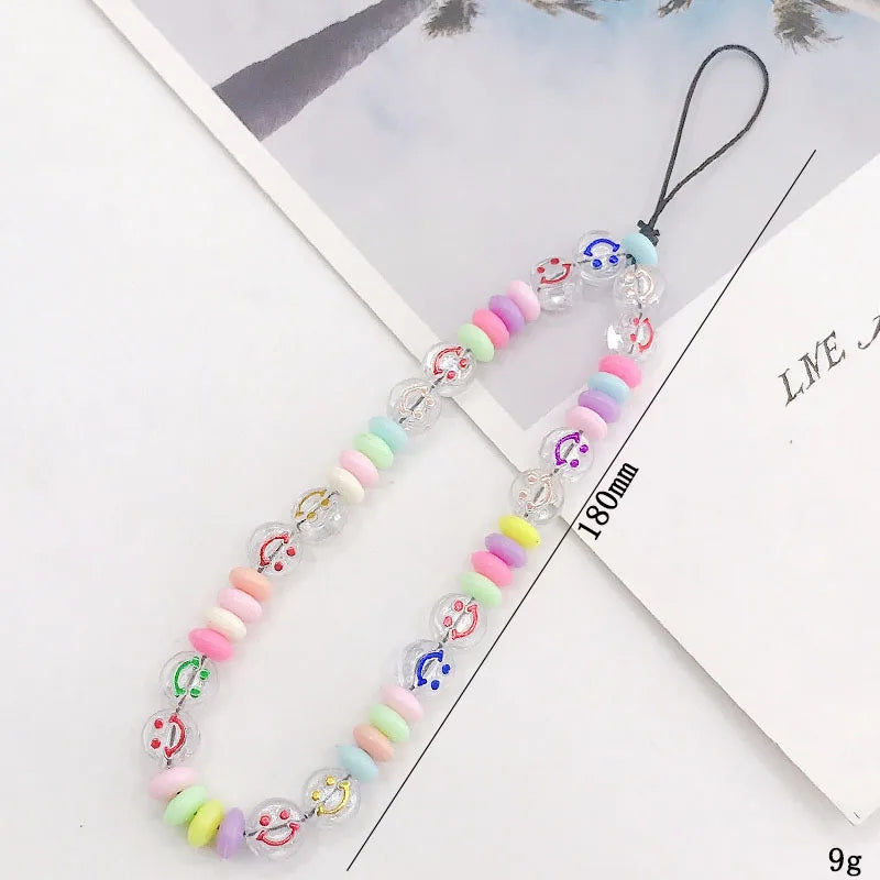 2023 Pink Acrylic Heart Cellphone Chain Lanyard Jewelry for Women Vintage Devil Eye Flower Charm Phone Case Strap Accessories