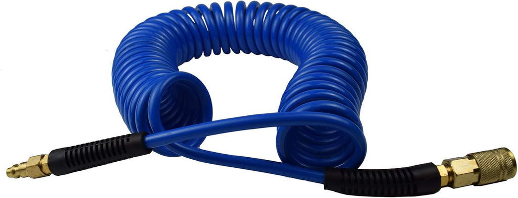 Polyurethane Recoil Air Hose, Air Compressor Hose 1/4" Inner Diameter by 25' Long with Bend Restrictor, 1/4" Industrial Quick Coupler and Plug, Blue