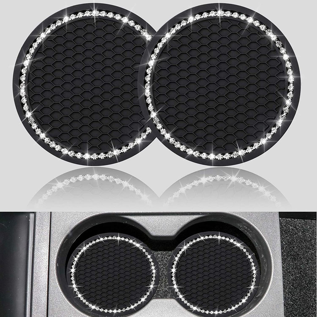 2PCS Bling Car Cup Coaster, Universal Vehicle Bling Holder Insert,2.75 Inch Rhinestone anti Slip Silicone Insert,Suitable for Most Car Interior,Best Gift Car Bling for Women, Black, 2 Pack