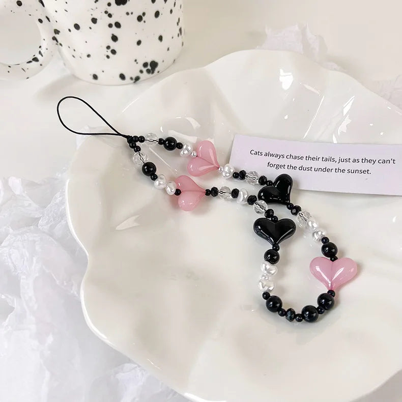 2023 Pink Acrylic Heart Cellphone Chain Lanyard Jewelry for Women Vintage Devil Eye Flower Charm Phone Case Strap Accessories
