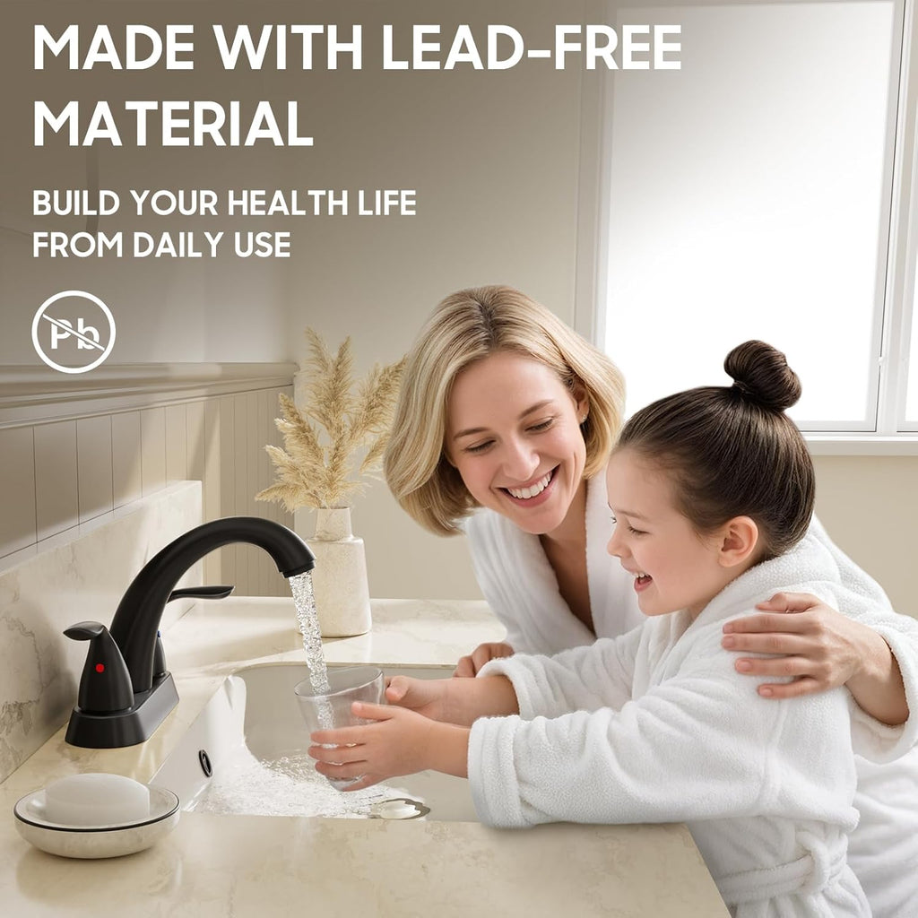 4 Inch 2 or 3 Holes 2 Handles Centerset Matte Black Lead-Free Bathroom Sink Faucet, Bathroom Faucet with Copper Pop up Drain and Water Supply Lines, BF008-5-MB