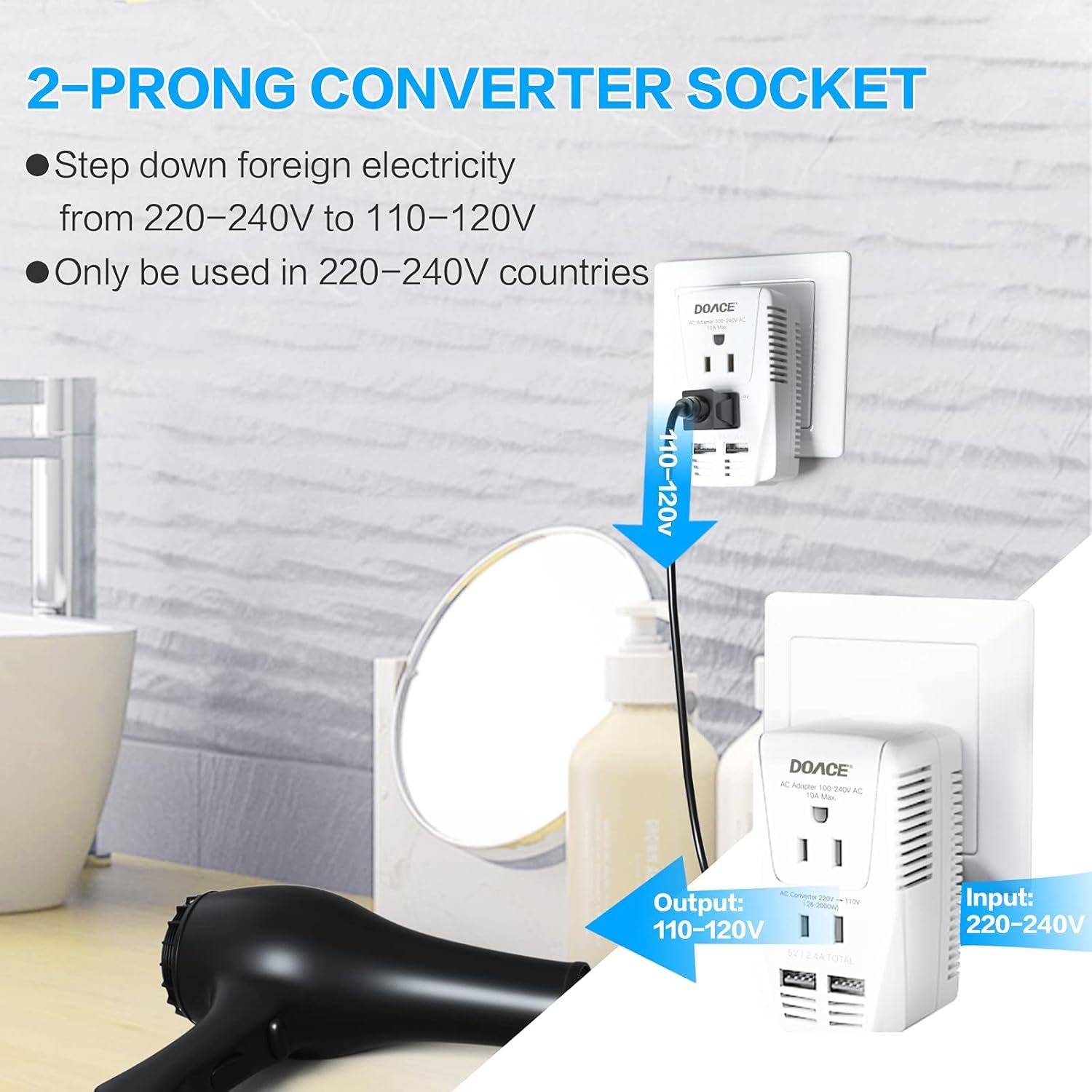 220V to 110V Converter,  2000W Travel Voltage Converter for Hair Dryer Straightener Curling Iron, 10A Power Adapter with 2 USB and EU/UK/AU/US Plugs for Charging Laptop Tablet Camera Cell Phone