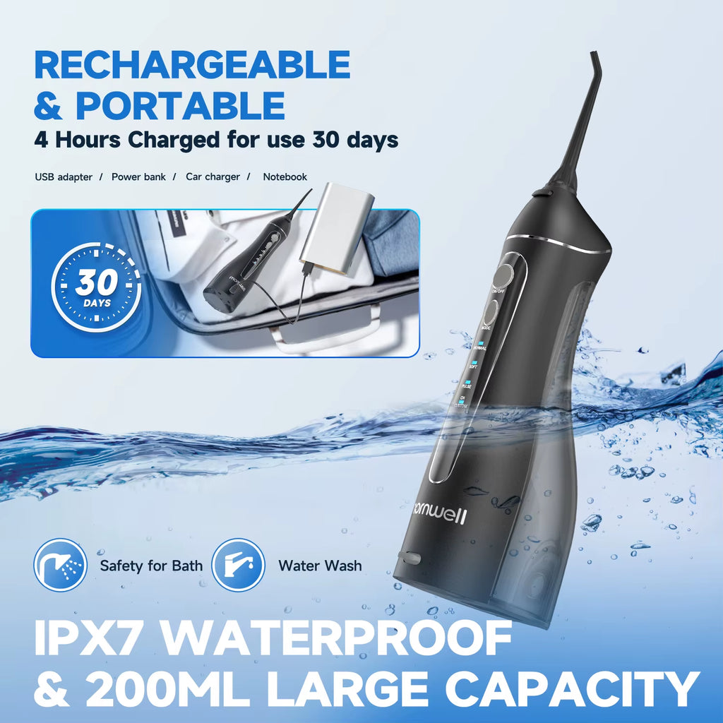 Water Floss Portable Cordless F18 Water Flosser 3 Cleaning Modes Waterproof Rechargeable Water Cleaner 4 Nozzles Clean Gums