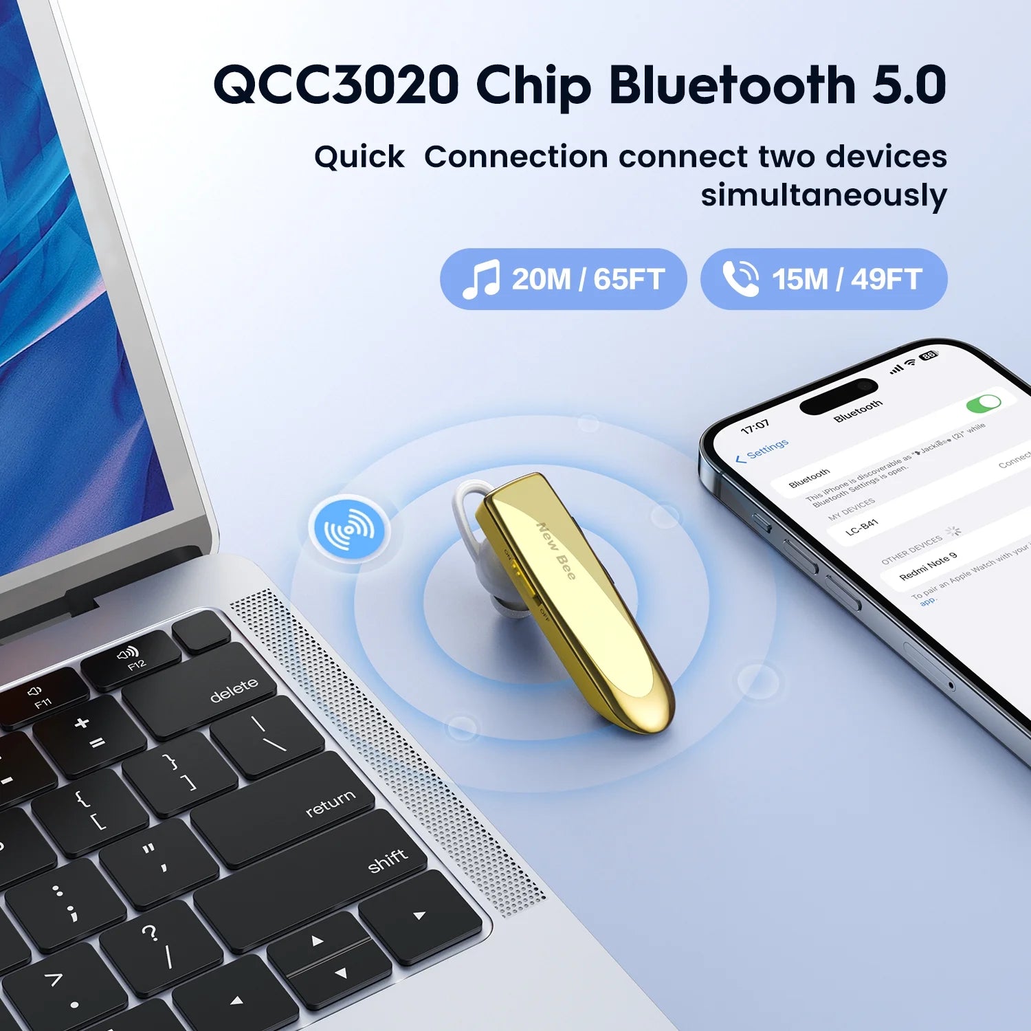 2PC Bluetooth Headphones V5.0 Wireless (24H Talk Time/180D Standby) W/Mic, Dual Device Connectivity for Iphone/Android/Samsung/Laptop, Business Trucker Headsets,Gold