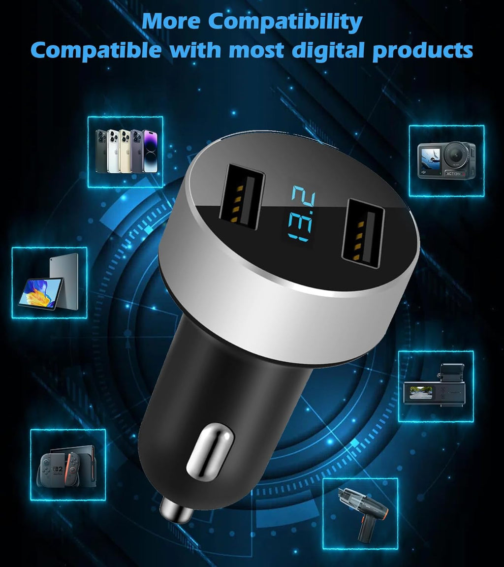 2 USB Car Charger,12V/24V Voltage Meter, Output 4.8A, Cigarette Lighter Plug Adapter Compatible with Iphone,Ipad, Samsung, USB Charging Devices, Silver