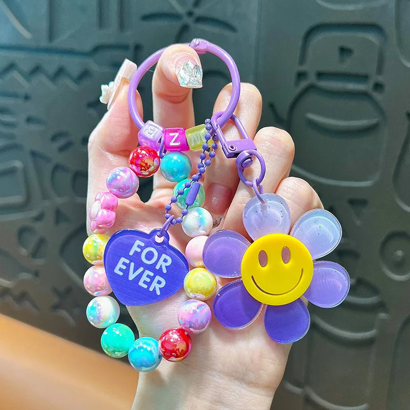 Colorful Sweet Flower KeyChains Beaded Chains Keyring Acrylic Flowers Key Accessories For Cellphone, Bag Hanging Pendent Charms
