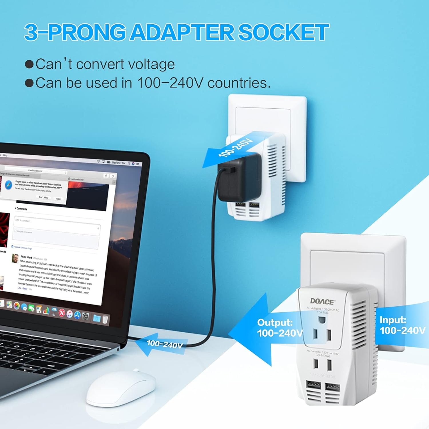 220V to 110V Converter,  2000W Travel Voltage Converter for Hair Dryer Straightener Curling Iron, 10A Power Adapter with 2 USB and EU/UK/AU/US Plugs for Charging Laptop Tablet Camera Cell Phone