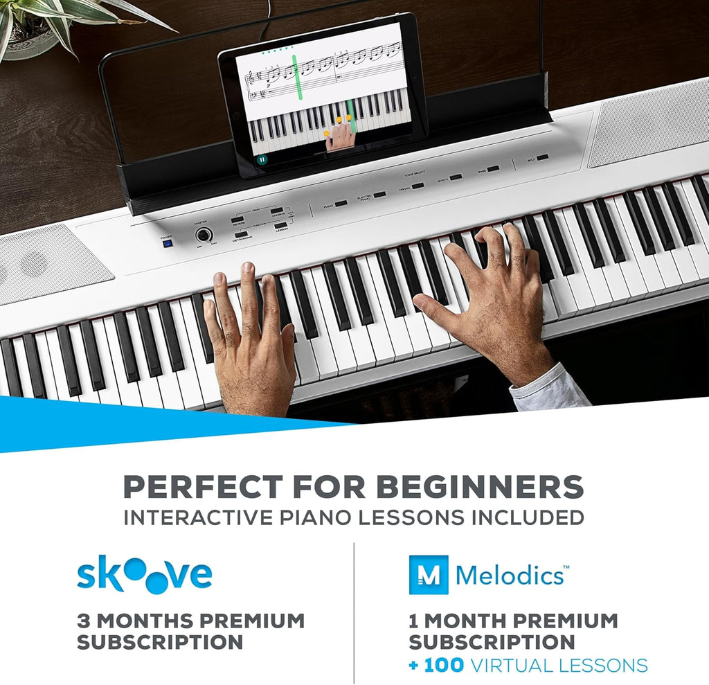 Recital White - 88 Key Digital Piano Keyboard with Semi-Weighted Keys, 2X20W Speakers, 5 Voices, Split, Layer and Lesson Mode, FX and Piano Lessons