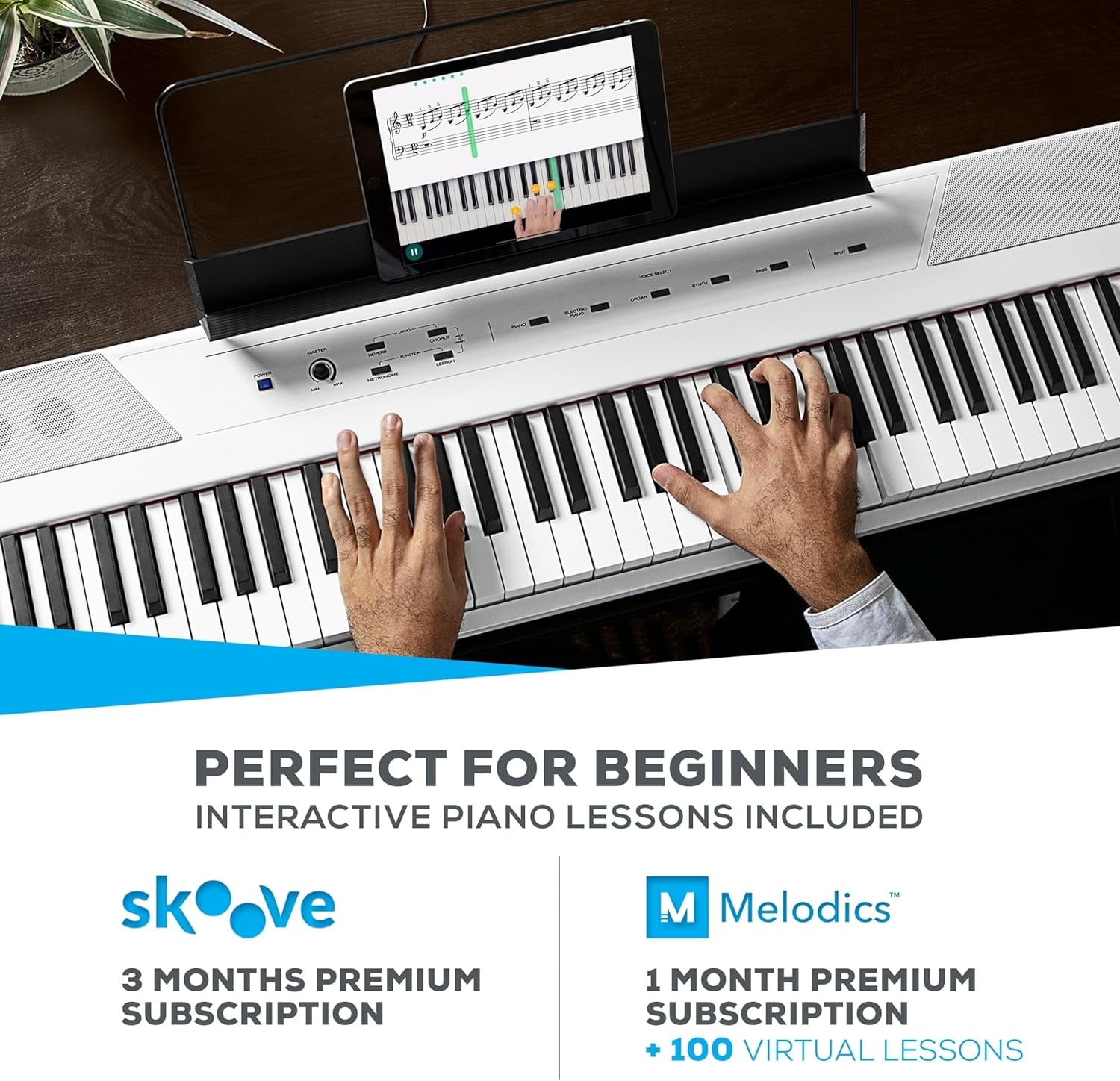 Recital White - 88 Key Digital Piano Keyboard with Semi-Weighted Keys, 2X20W Speakers, 5 Voices, Split, Layer and Lesson Mode, FX and Piano Lessons