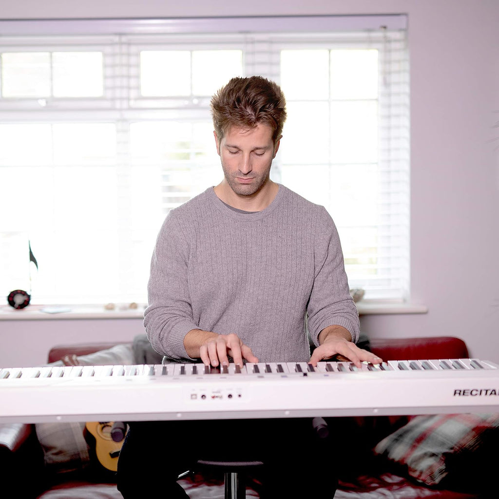 Recital White - 88 Key Digital Piano Keyboard with Semi-Weighted Keys, 2X20W Speakers, 5 Voices, Split, Layer and Lesson Mode, FX and Piano Lessons