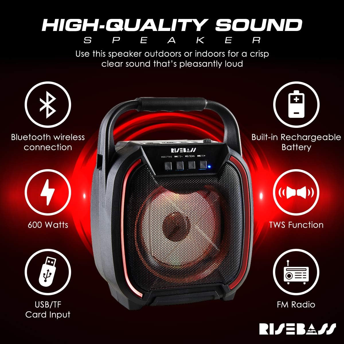 Portable Wireless Bluetooth Speaker with TWS Function - Rechargeable Mini Speaker with Party Lights for Indoor and Outdoor Use