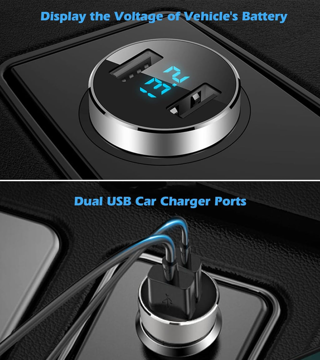 2 USB Car Charger,12V/24V Voltage Meter, Output 4.8A, Cigarette Lighter Plug Adapter Compatible with Iphone,Ipad, Samsung, USB Charging Devices, Silver
