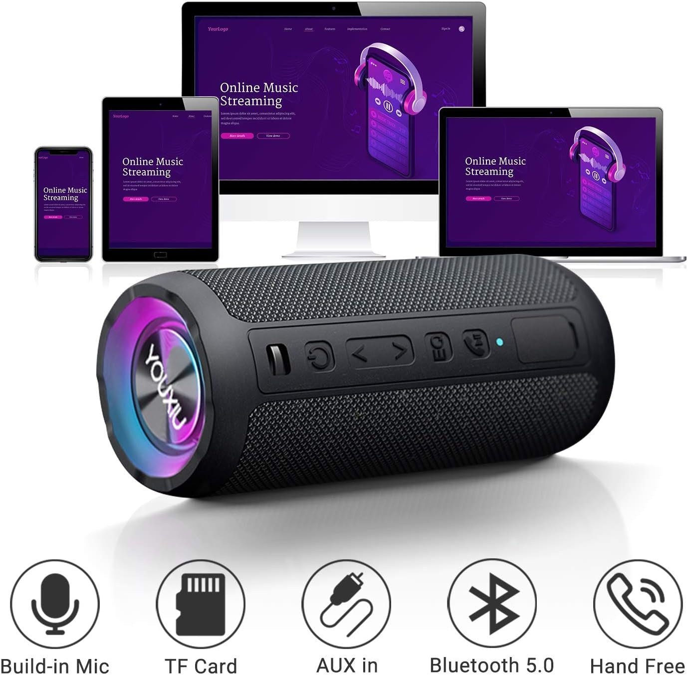 Portable Bluetooth Speakers with Colorful Lights, IPX7 Waterproof Wireless 20W Speaker, Outdoor Sports Speakers with Bluetooth 5.0, 20H Playtime, Deep Bass, TWS Pairing, for Home, Party