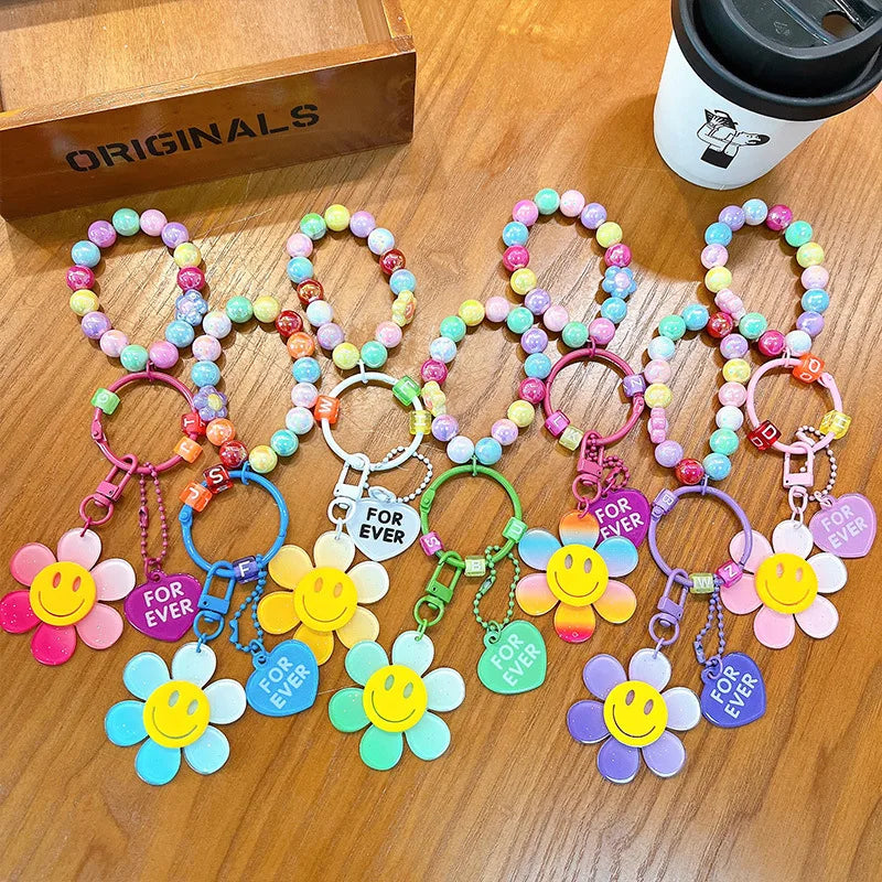 Colorful Sweet Flower KeyChains Beaded Chains Keyring Acrylic Flowers Key Accessories For Cellphone, Bag Hanging Pendent Charms