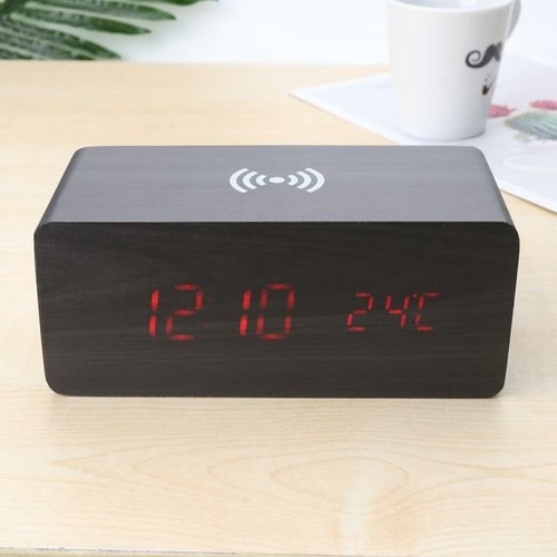 Wooden Digital Alarm Clock with Wireless Phone Charging Pad